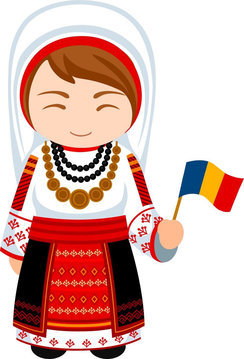 Woman in romanian ethnic dress with national flag.